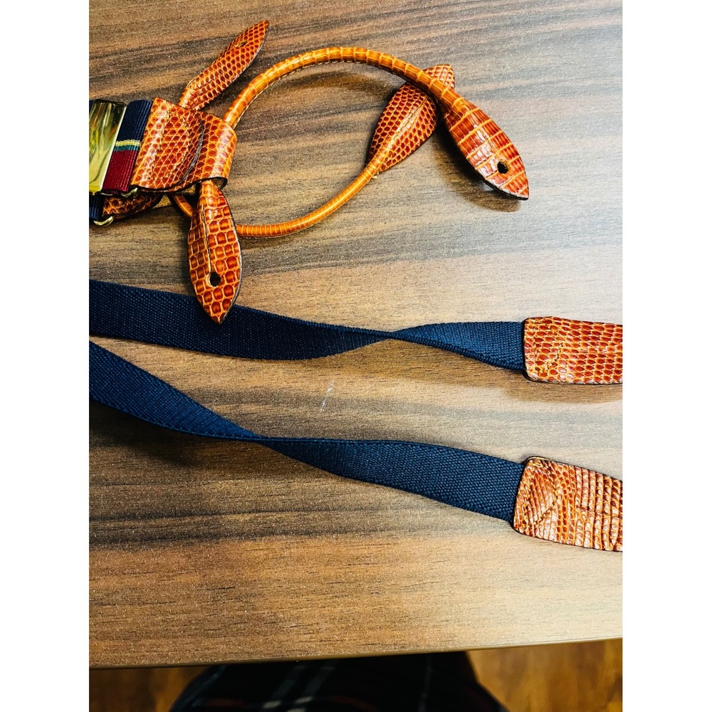 Cole Haan Men's Striped Suspenders Tan Lizard Leather Accents Gold Clips